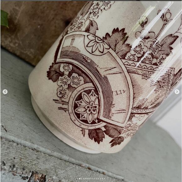 Vintage Ironstone Brown Transferware Pitcher Aesthetic Bird Stained Crazed - Picture 2 of 9